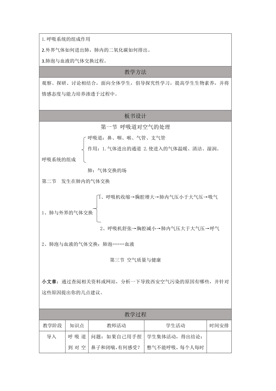 最新人教部编版初一七年级生物下册第三章《人体的呼吸》教学设计.doc_第2页