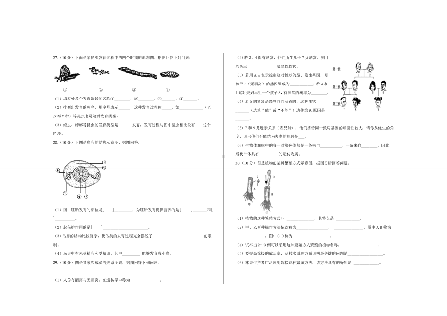 最新人教版八年级生物下册期中考试试题及参考答案(2套).doc_第3页