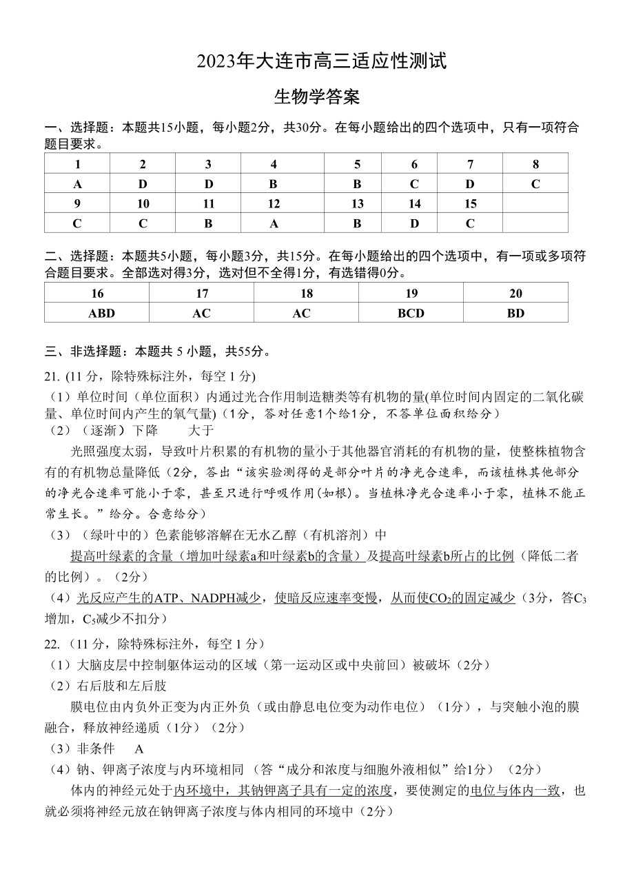 2023年辽宁省大连市高三适应性测试（二）生物答案.pdf_第1页