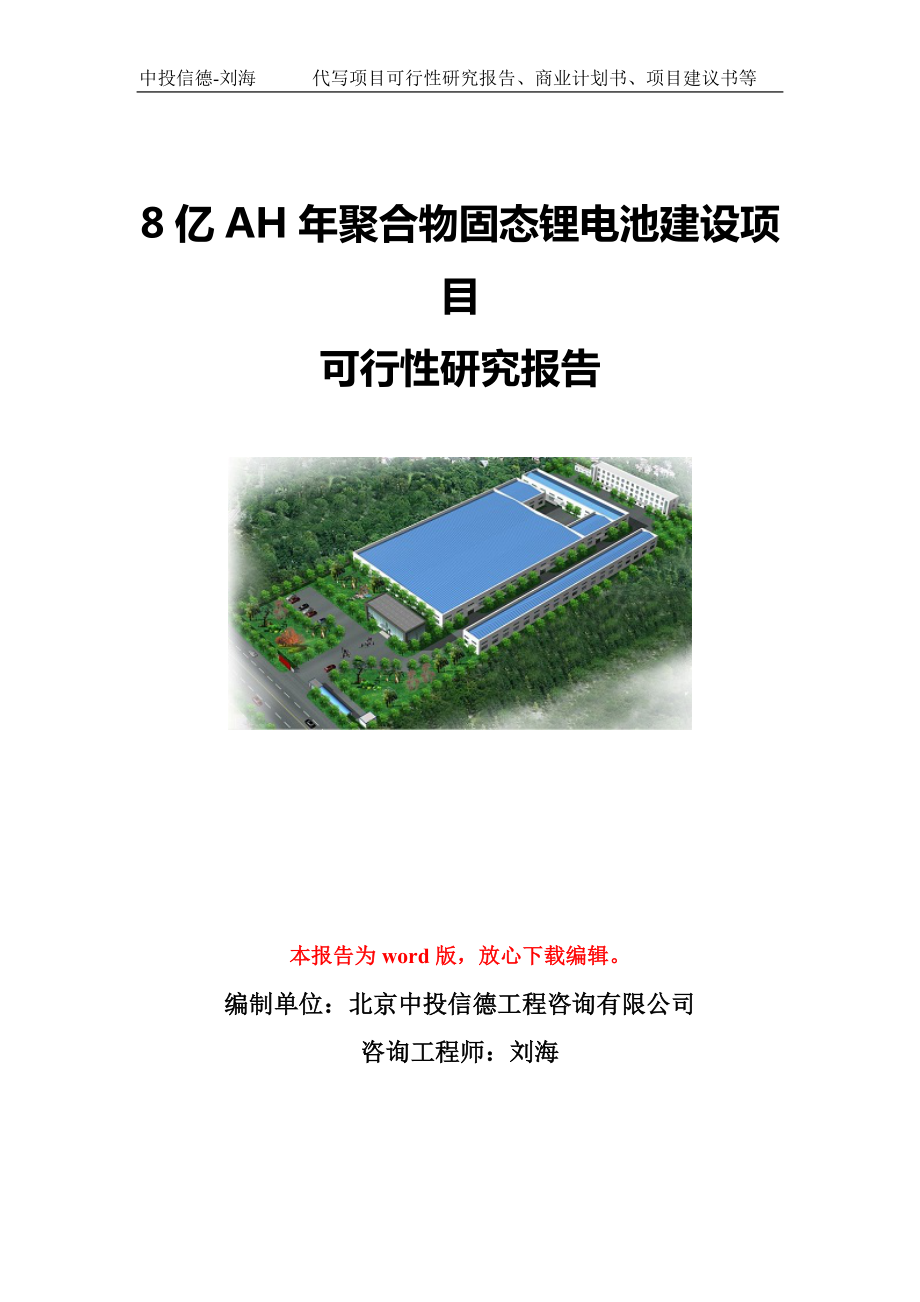 8亿AH年聚合物固态锂电池建设项目可行性研究报告模板-立项备案.doc_第1页