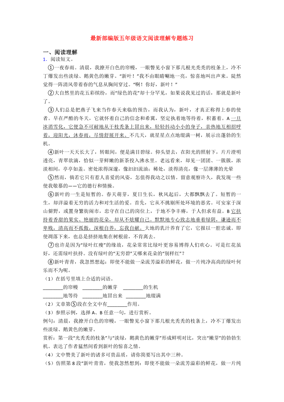 最新部编版五年级语文阅读理解专题练习.doc_第1页