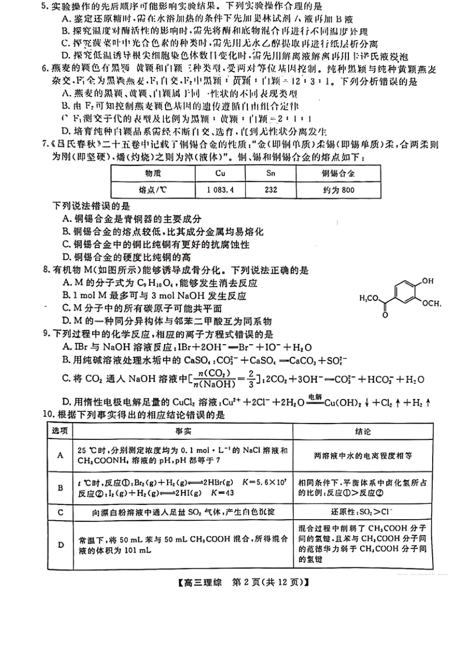 2023届山西省大同市高三第三次模拟理科综合试卷+答案.pdf_第2页