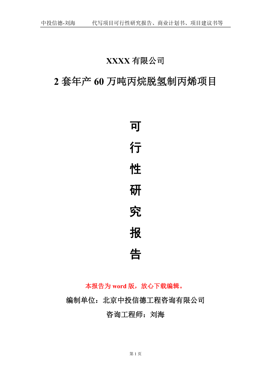 2套年产60万吨丙烷脱氢制丙烯项目可行性研究报告模板备案审批定制.doc_第1页