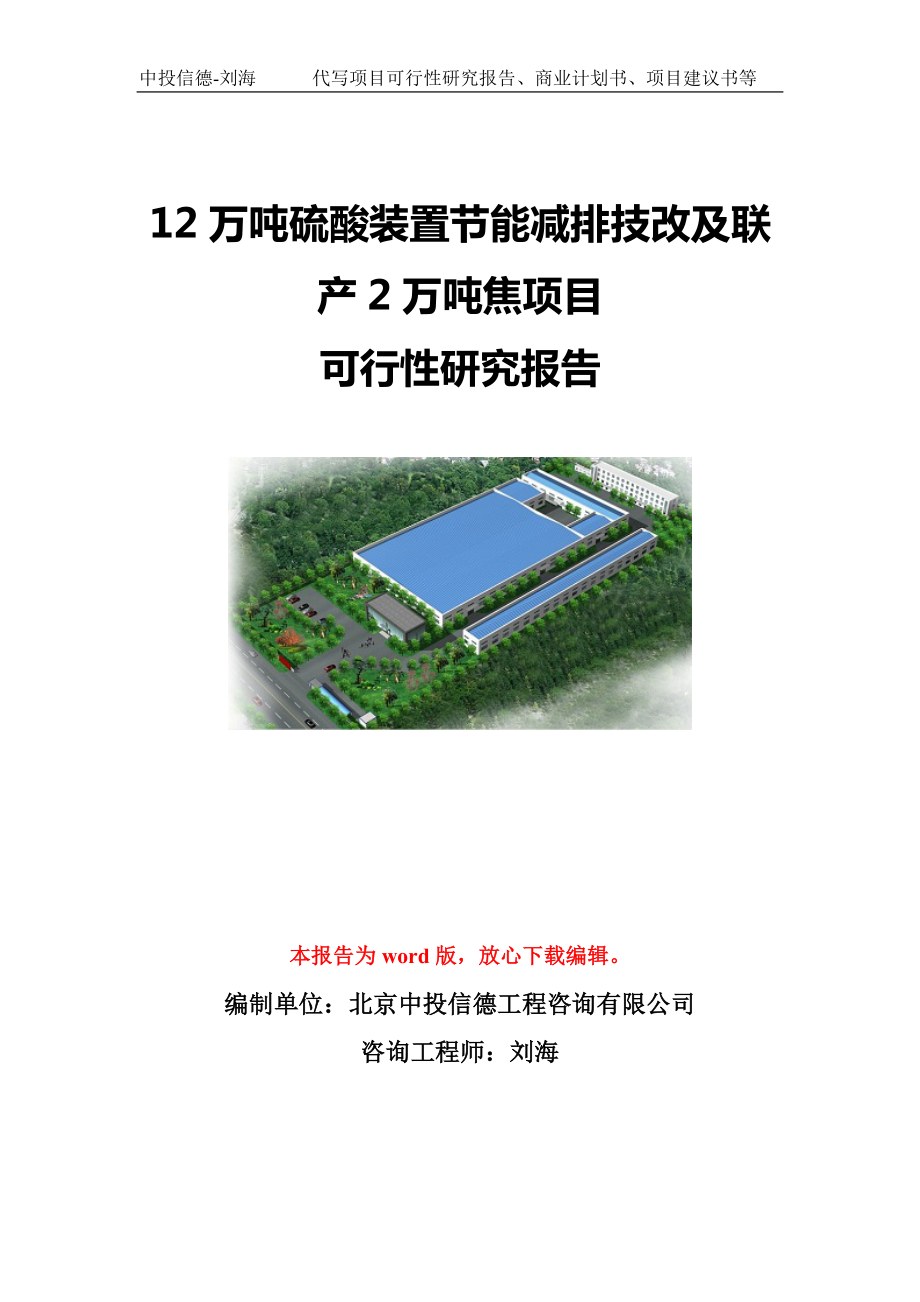 12万吨硫酸装置节能减排技改及联产2万吨焦项目可行性研究报告模板-立项备案.doc_第1页