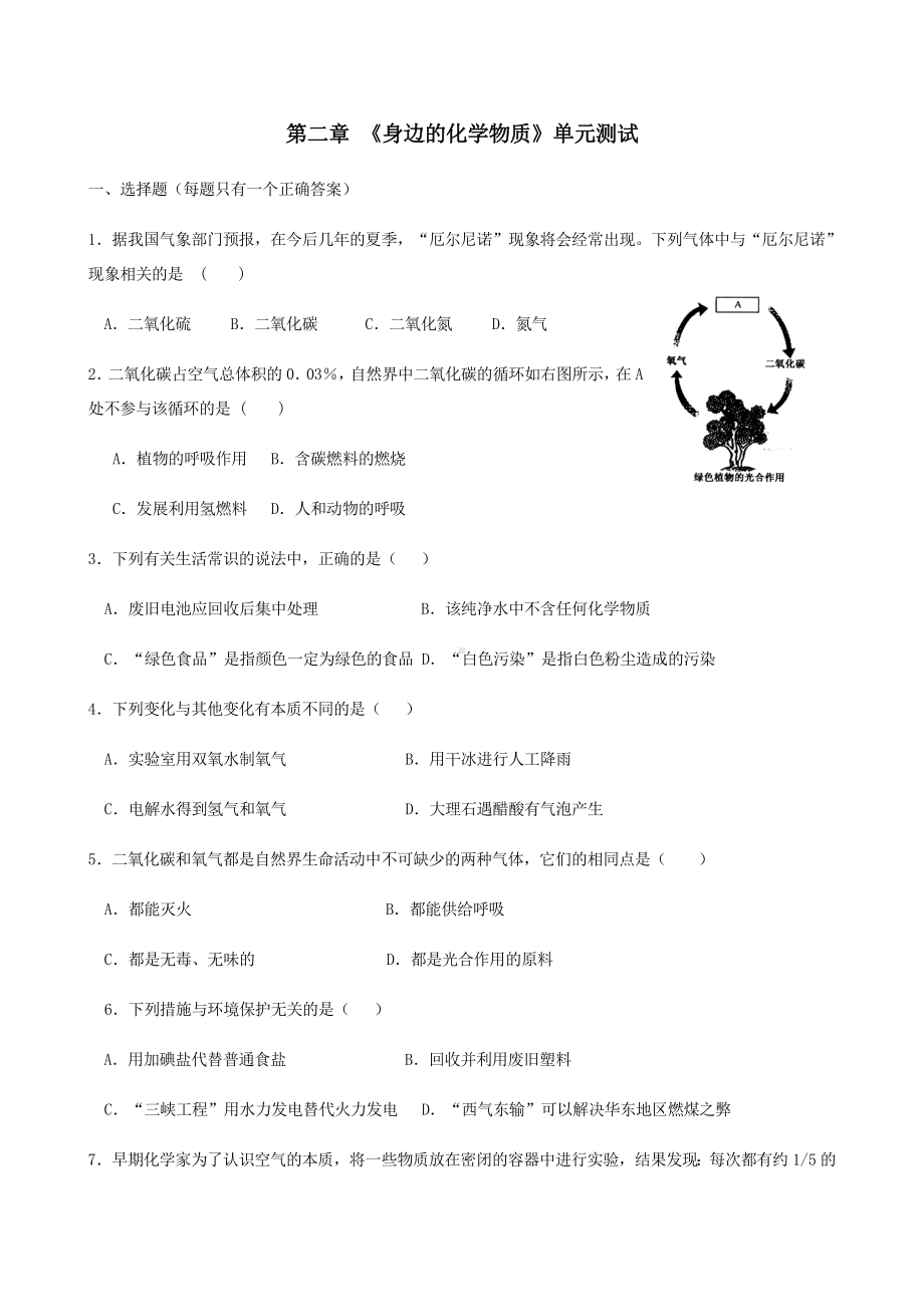 沪教版化学九年级上册第二章-《身边的化学物质》单元测试.docx_第1页