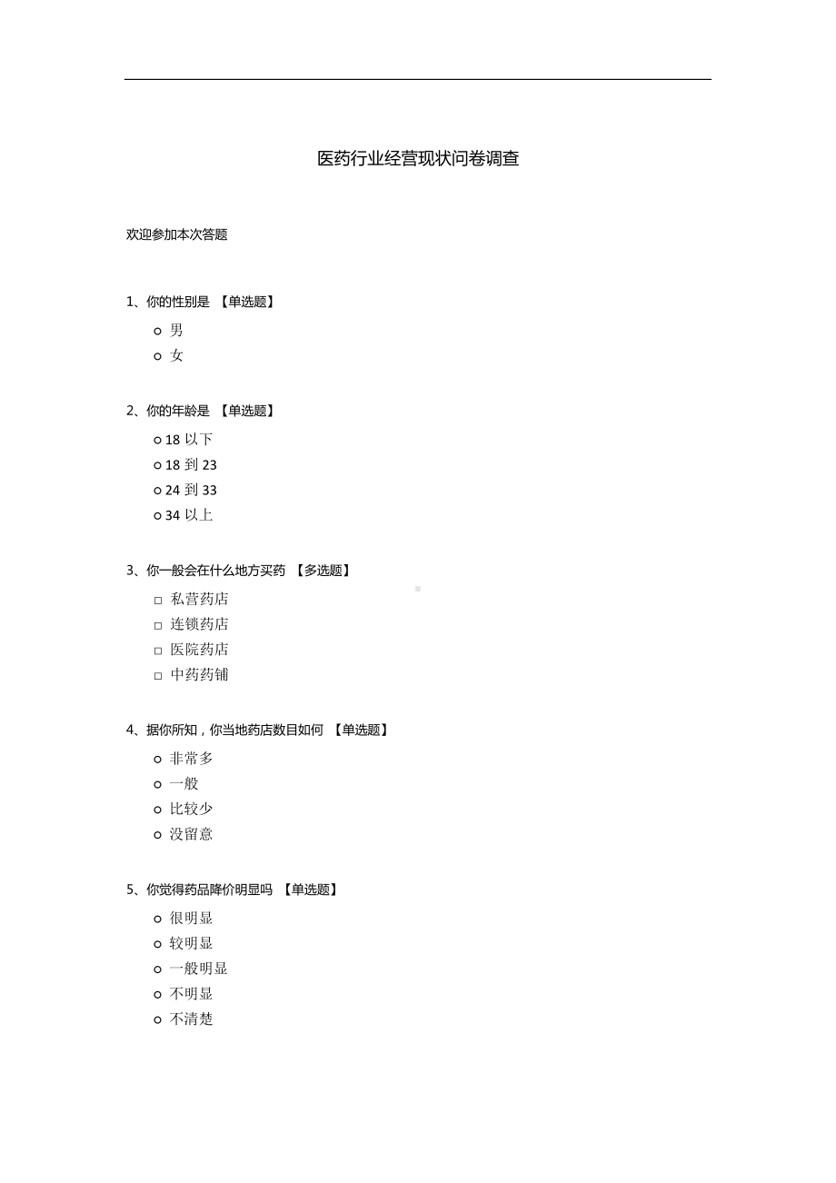 医药行业经营现状问卷调查模板.docx_第1页