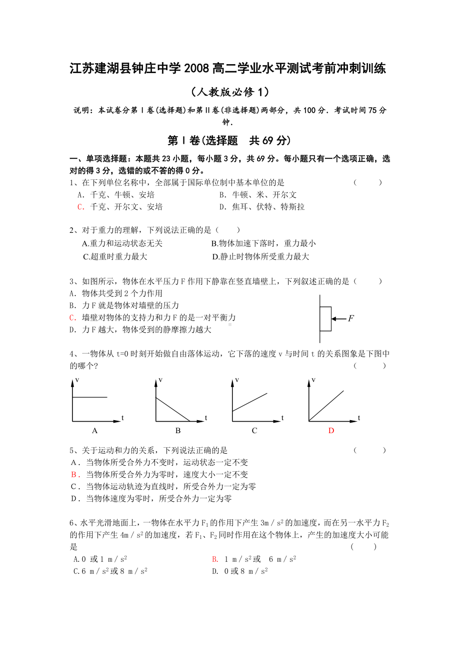 江苏建湖县XX中学高二物理学业水平测试考前冲刺训练1.doc_第1页