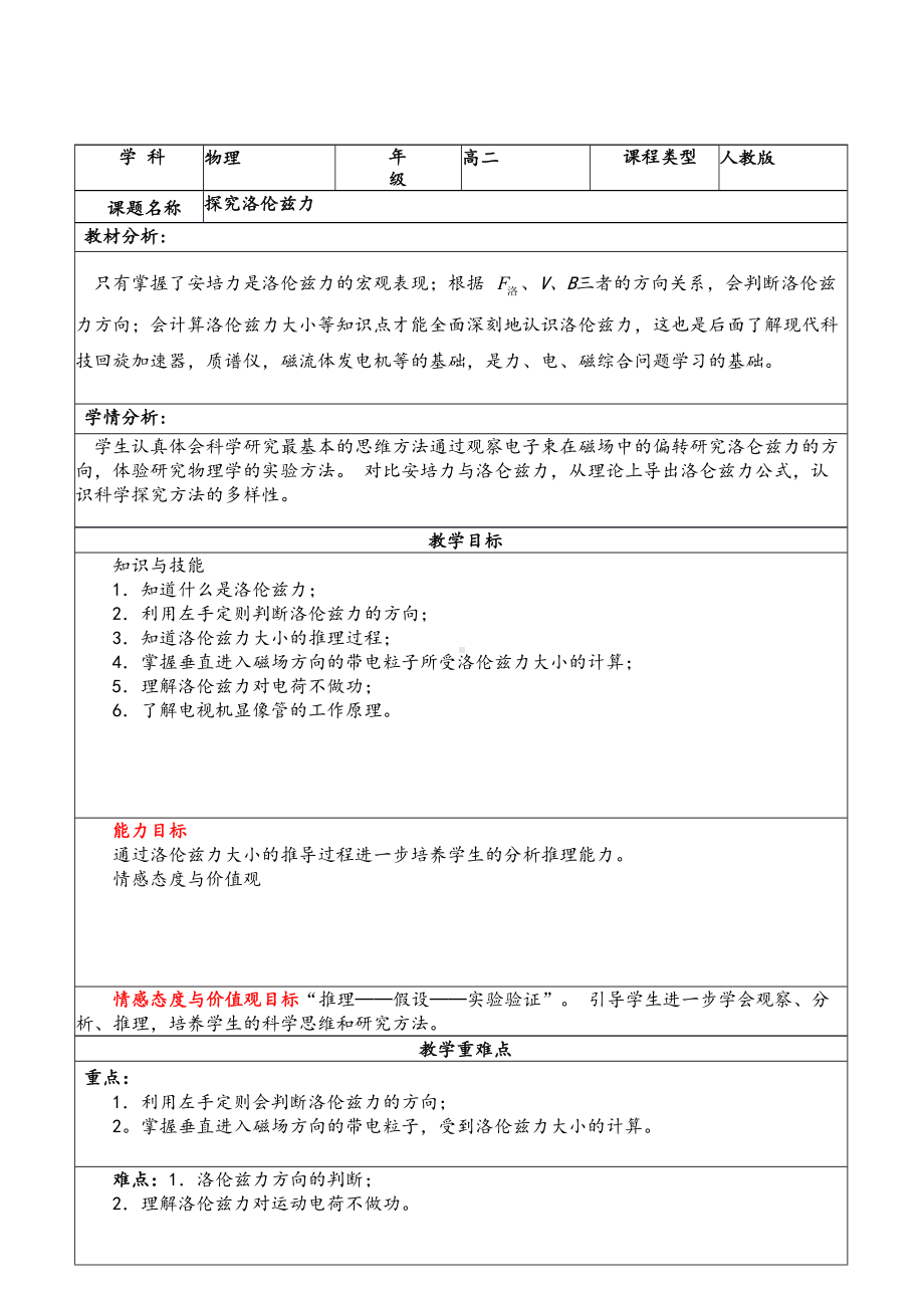 沪教版高二物理选修3-1第五章教案设计：-5.5探究洛伦兹力.doc_第1页