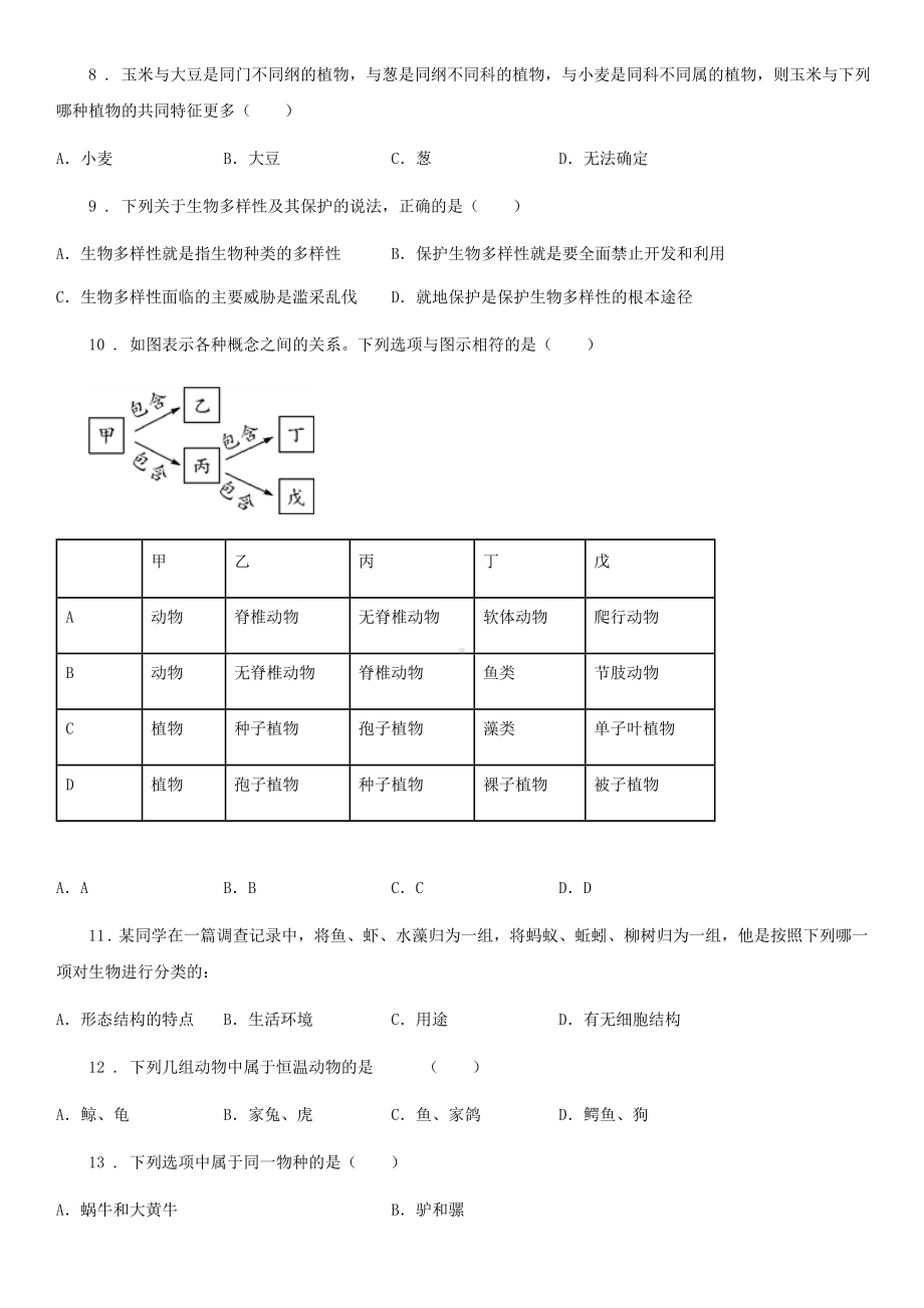 济南版七年级上册生物第二单元-第四章-生物的分类-单元巩固练习题.doc_第2页