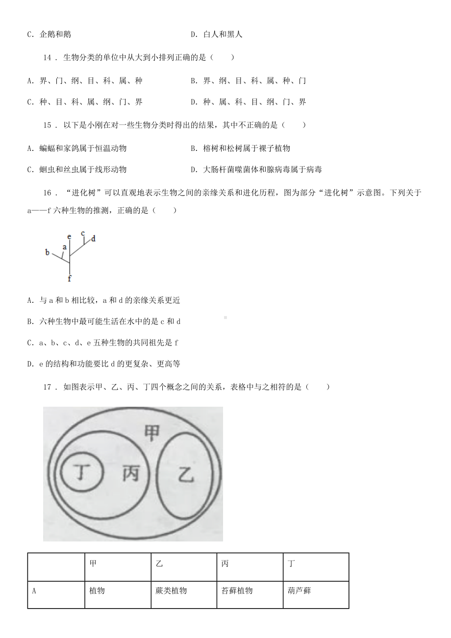 济南版七年级上册生物第二单元-第四章-生物的分类-单元巩固练习题.doc_第3页