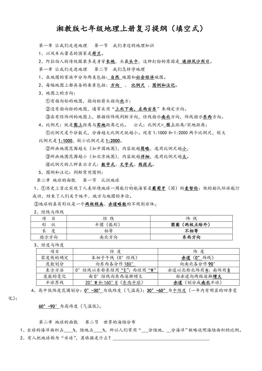 湘教版七年级地理上册重要知识点总结复习提纲(答案).doc_第1页