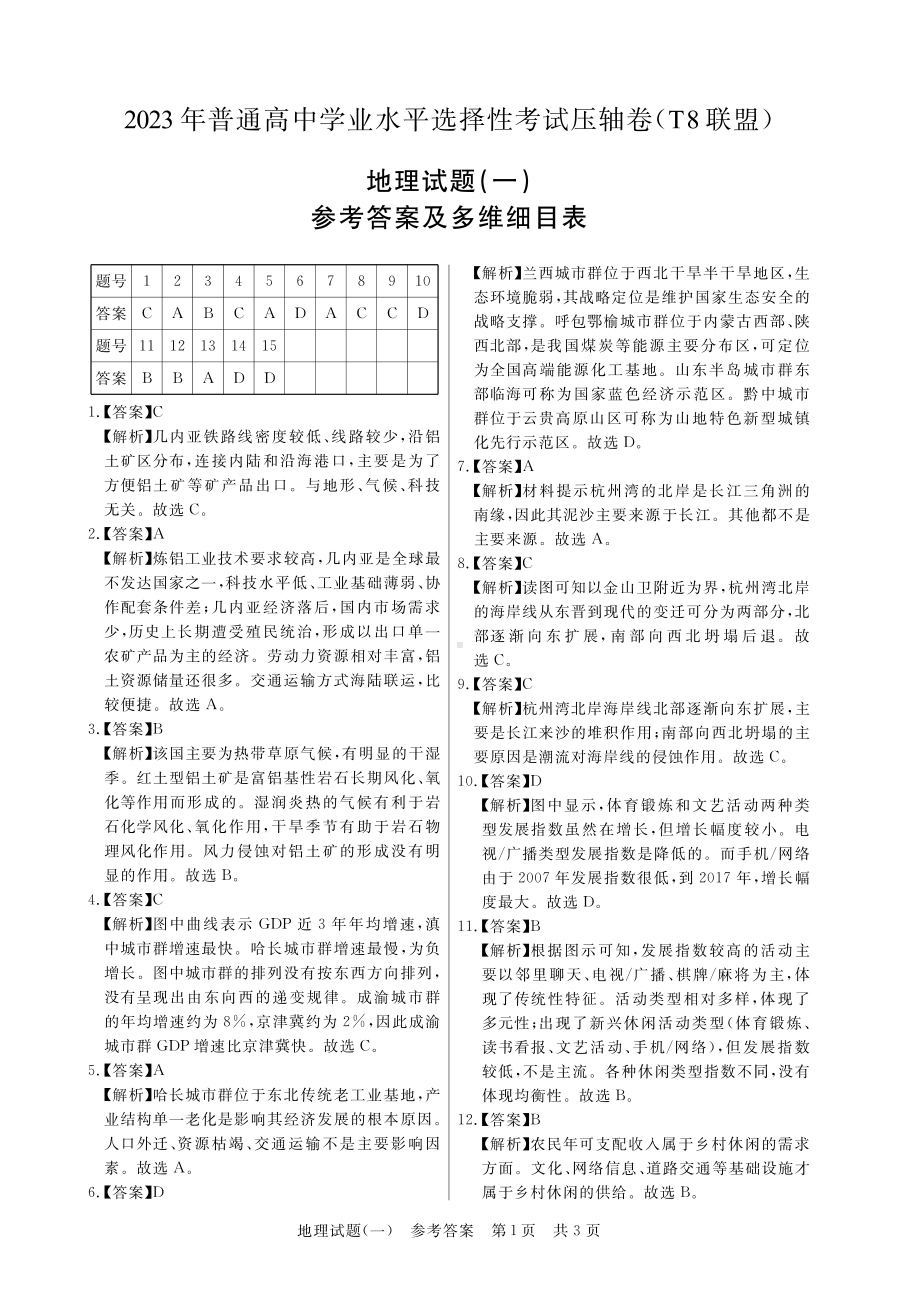 2023普通高中学业水平选择性考试压轴卷（T8联盟）（地理答案）.pdf_第1页