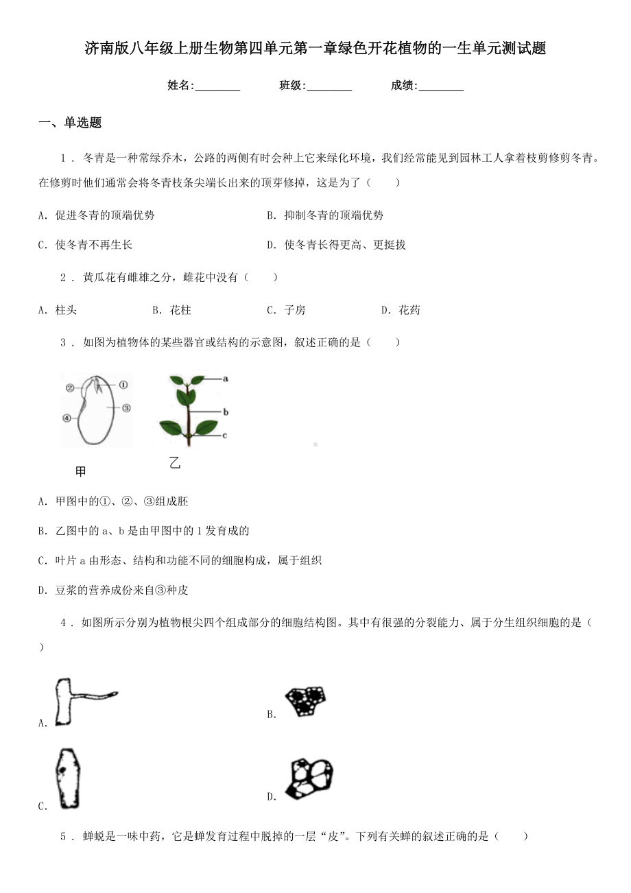 济南版八年级上册生物第四单元第一章绿色开花植物的一生单元测试题.doc_第1页