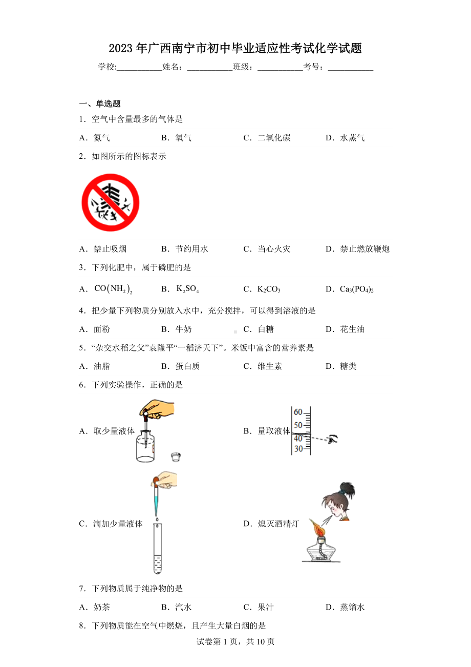 2023年广西南宁市初中毕业适应性考试化学试题.pdf_第1页