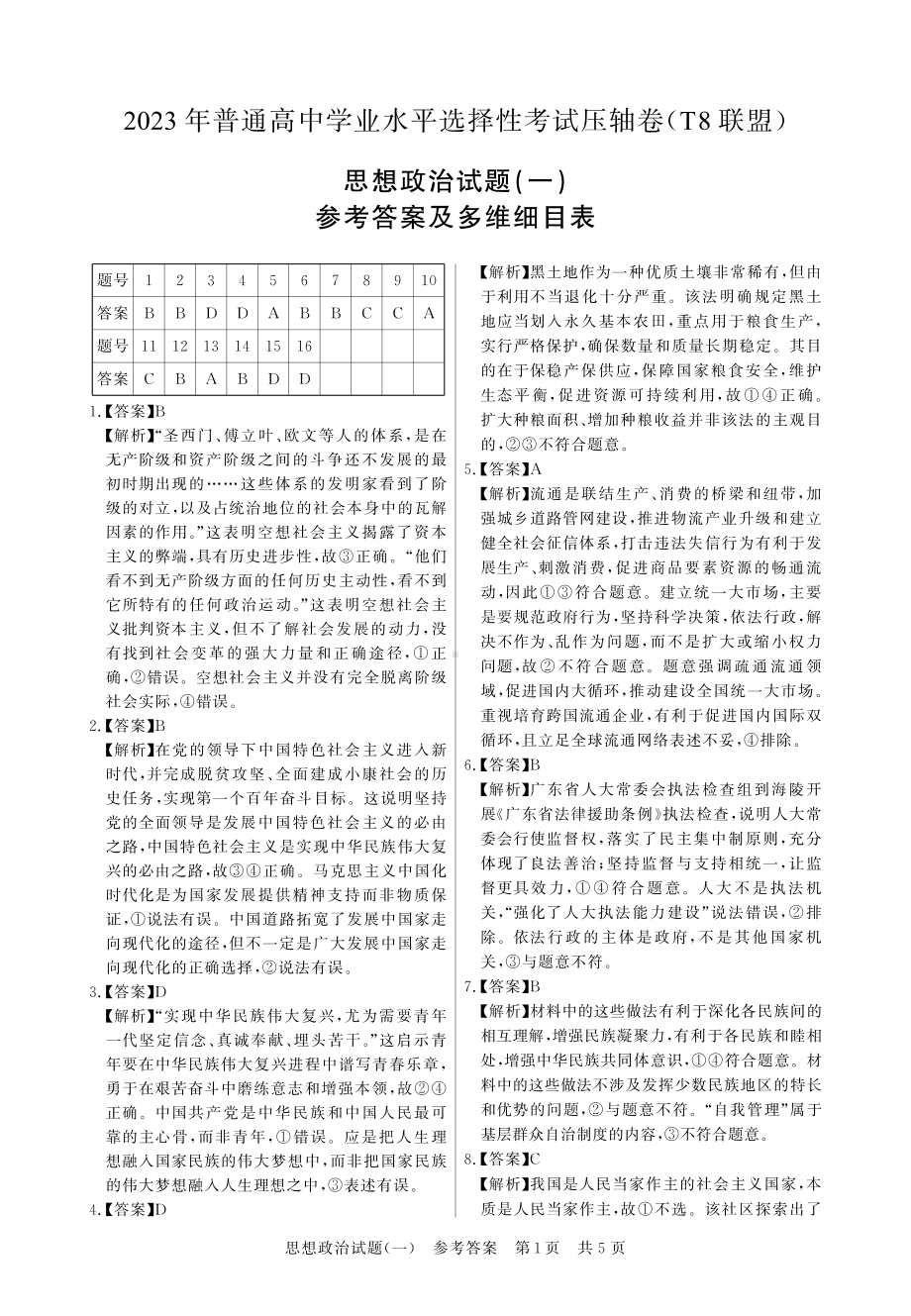 2023普通高中学业水平选择性考试压轴卷（T8联盟）（政治答案）.pdf_第1页