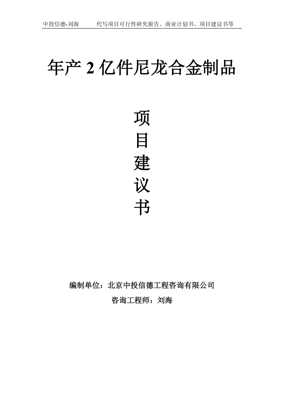 年产2亿件尼龙合金制品项目建议书写作模板.doc_第1页