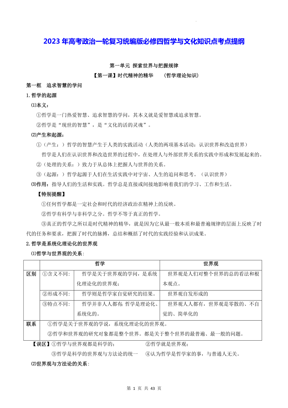 2023年高考政治一轮复习统编版必修四哲学与文化知识点考点提纲（实用必备！）.docx_第1页