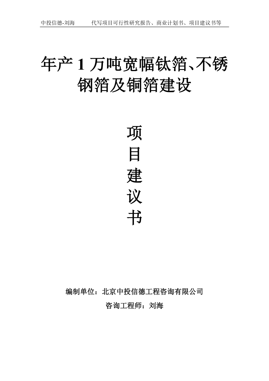 年产1万吨宽幅钛箔、不锈钢箔及铜箔建设项目建议书写作模板.doc_第1页