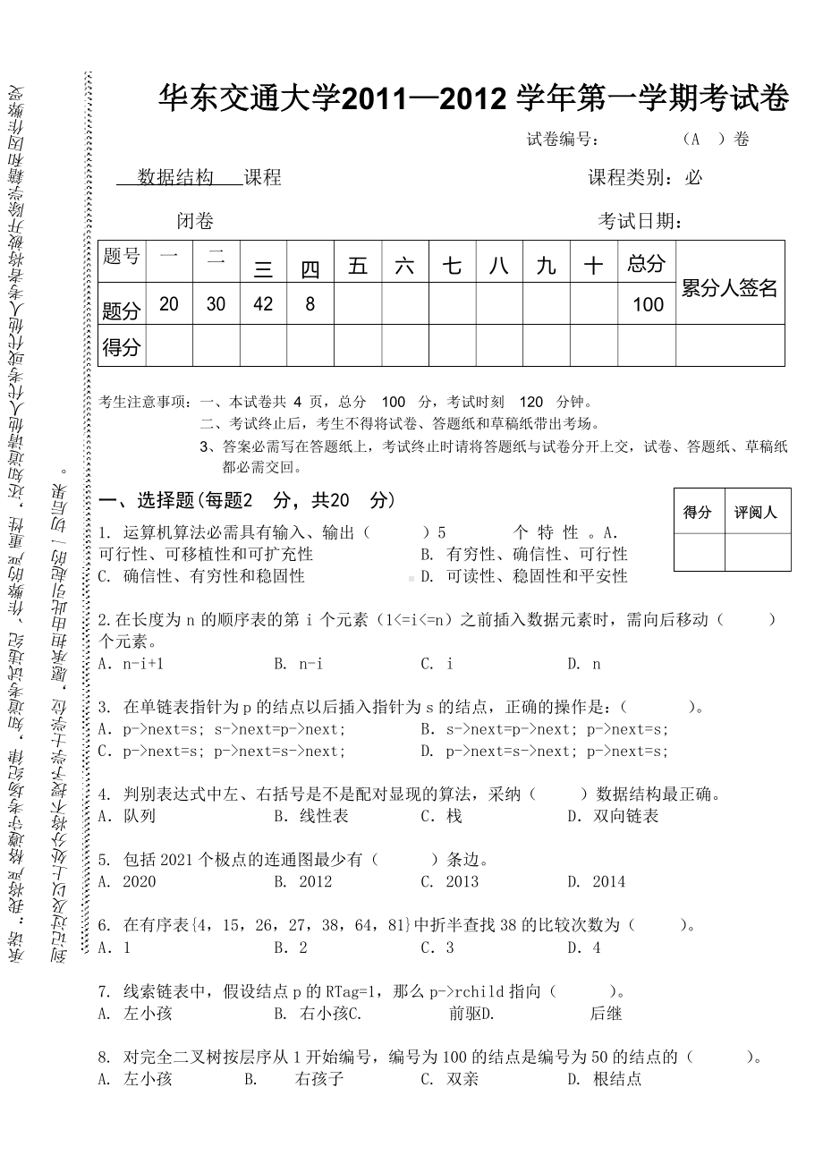 华东交通大学数据结构试卷.docx_第1页