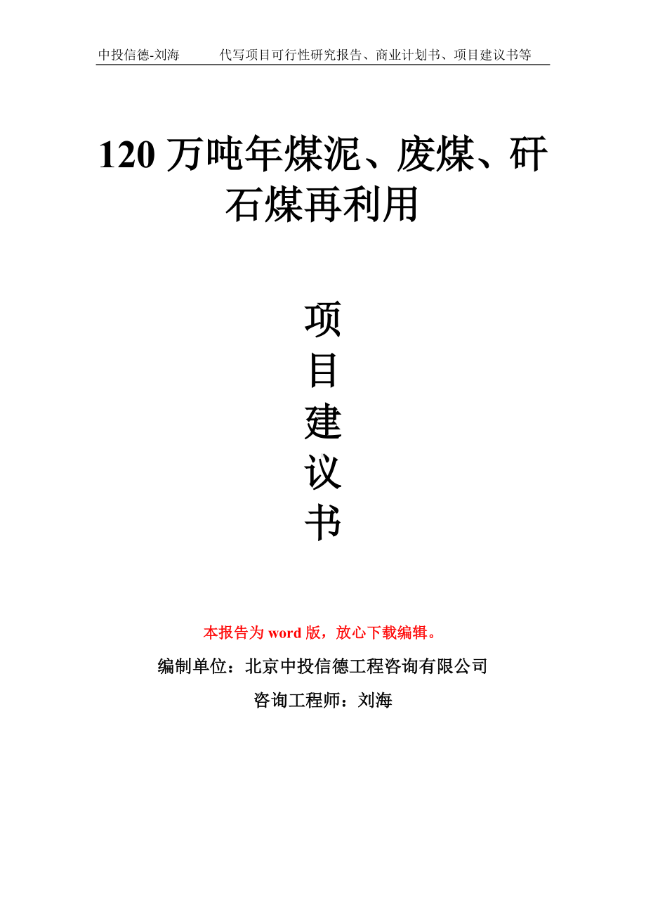 120万吨年煤泥、废煤、矸石煤再利用项目建议书写作模板.doc_第1页