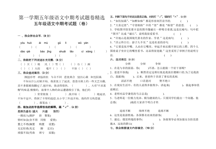 第一学期五年级语文中期考试题卷精选.doc_第1页