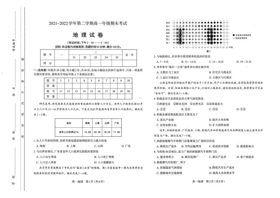 山西省太原市2021-2022高一下学期期末地理试卷+答案.pdf_第1页