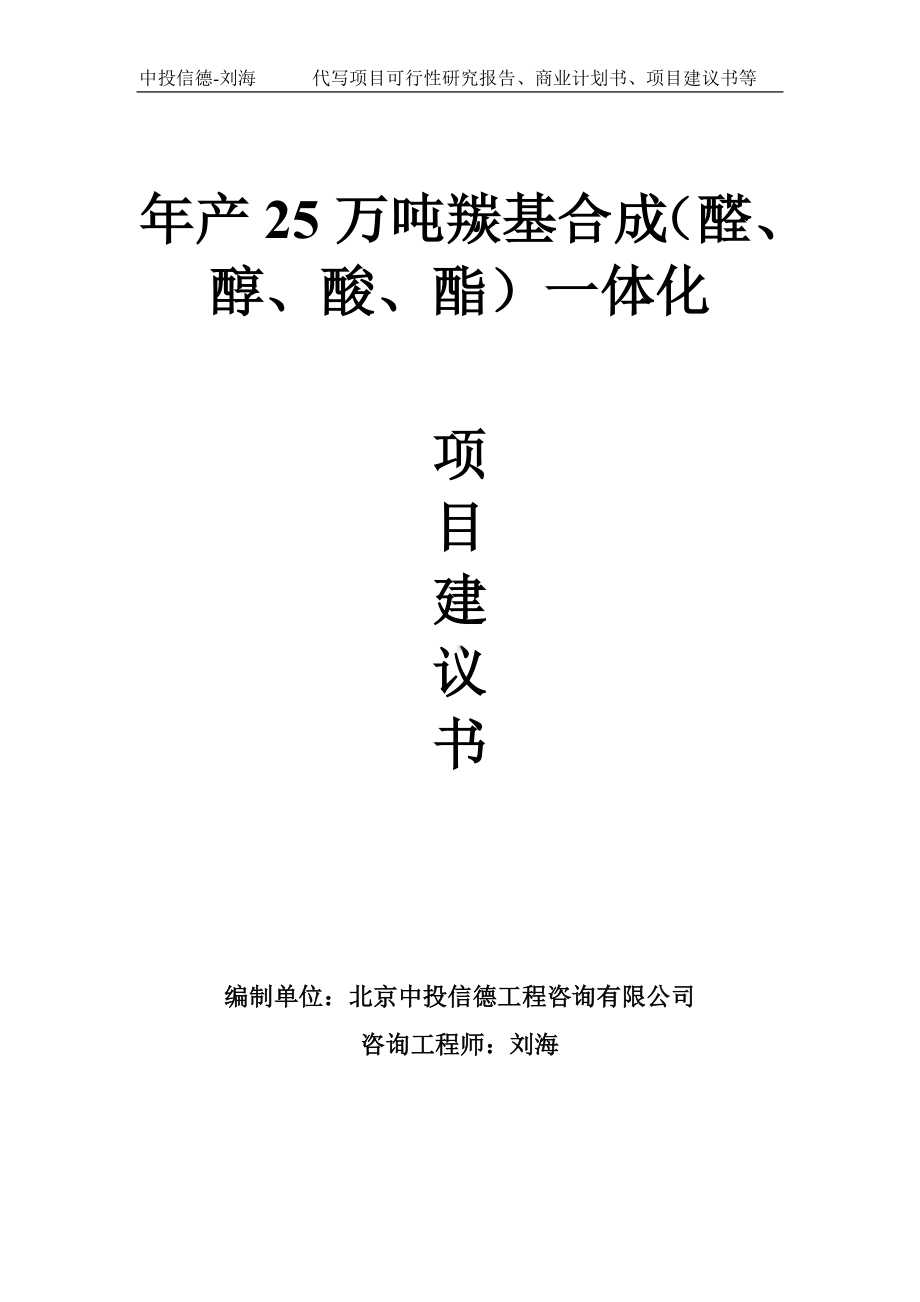 年产25万吨羰基合成（醛、醇、酸、酯）一体化项目建议书写作模板.doc_第1页