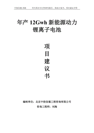 年产12Gwh新能源动力锂离子电池项目建议书写作模板.doc