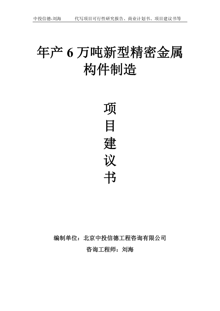 年产6万吨新型精密金属构件制造项目建议书写作模板.doc_第1页