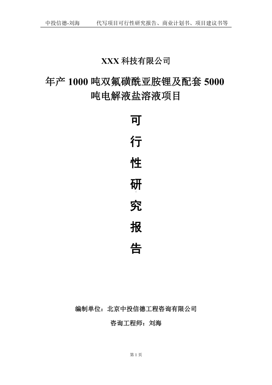 年产1000吨双氟磺酰亚胺锂及配套5000吨电解液盐溶液项目可行性研究报告写作模板定制代写.doc_第1页