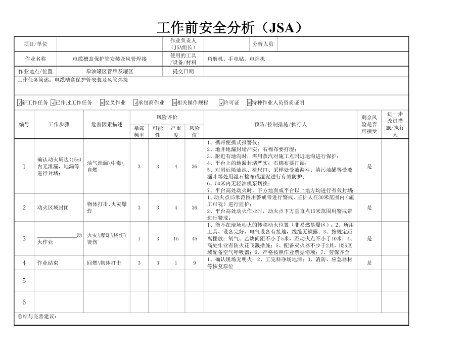 工作前安全分析表内容模板(动火作业)参考模板范本.doc_第1页