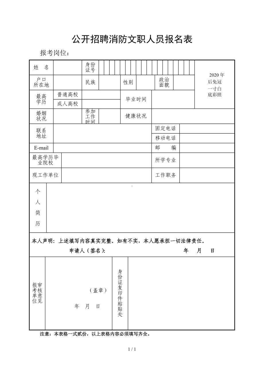 公开招聘消防文职人员报名表参考模板范本.doc_第1页