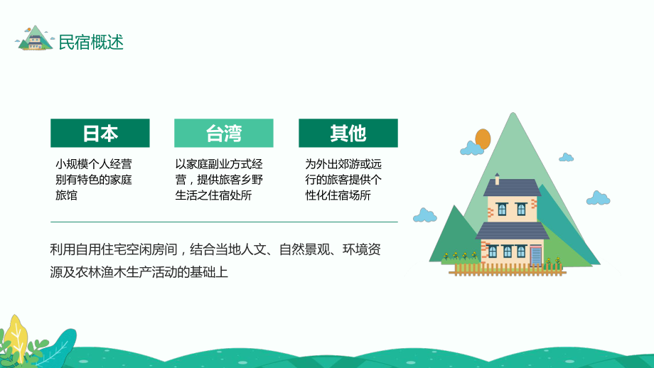 绿色卡通风民宿发展特点类型及开发条件研究民宿专题研究课件.pptx_第3页