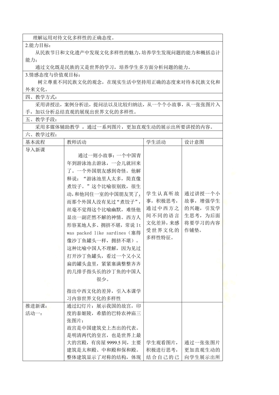 人教版高中政治必修3文化生活《世界文化的多样性》新课程信息化教学设计方案(DOC 10页).doc_第3页