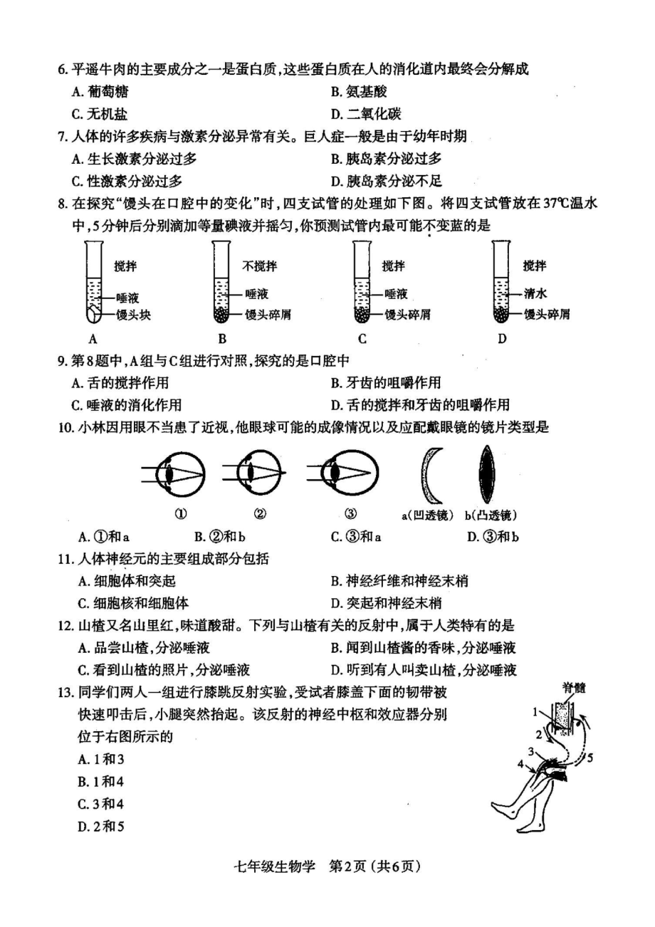 山西省太原市2021-2022七年级初一下学期期末生物试卷+答案.pdf_第2页