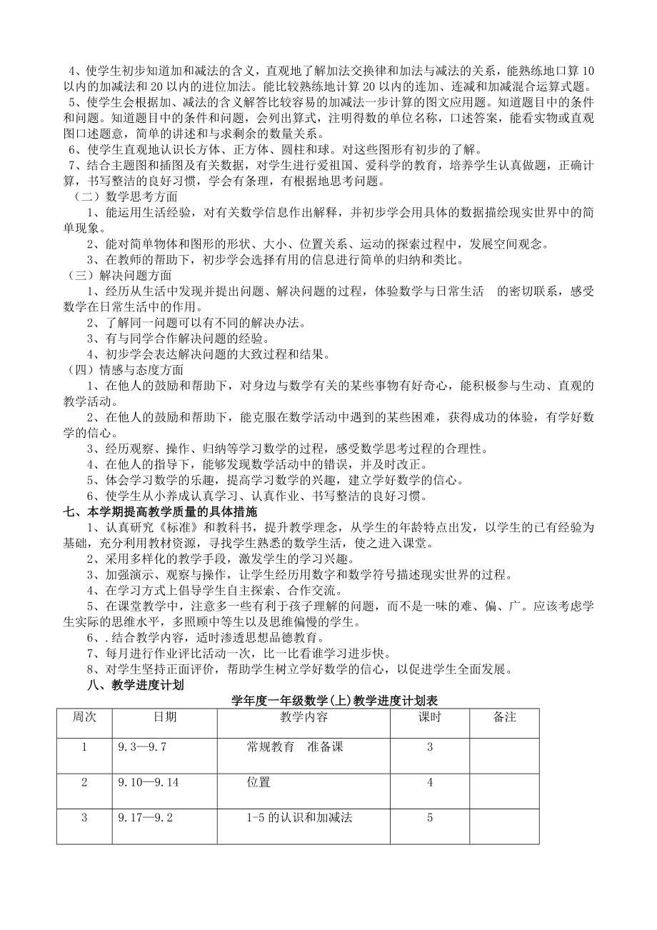 苏教一年级数学上册教学计划-进度表.doc_第2页