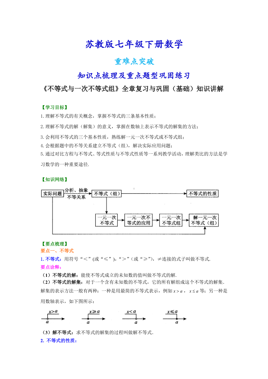 苏教版七年级下册数学[《不等式与一次不等式组》全章复习与巩固(基础)知识点整理及重点题型梳理].doc_第1页