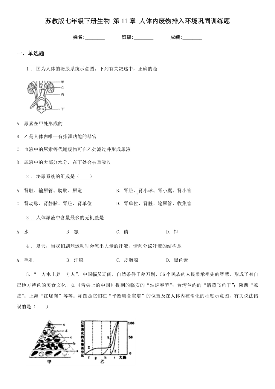 苏教版七年级下册生物-第11章-人体内废物排入环境巩固训练题.doc_第1页