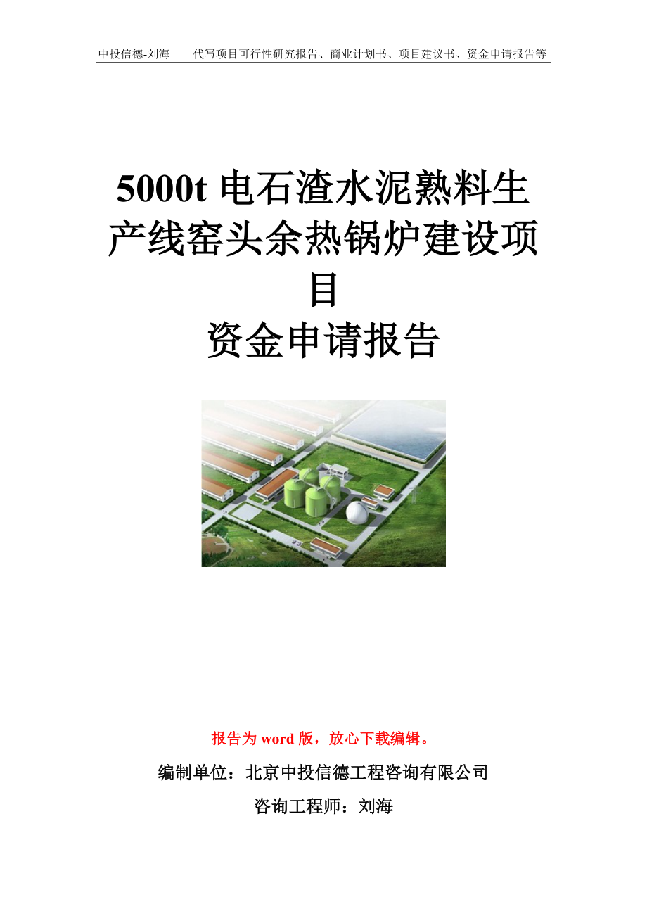 5000t电石渣水泥熟料生产线窑头余热锅炉建设项目资金申请报告模板.doc_第1页