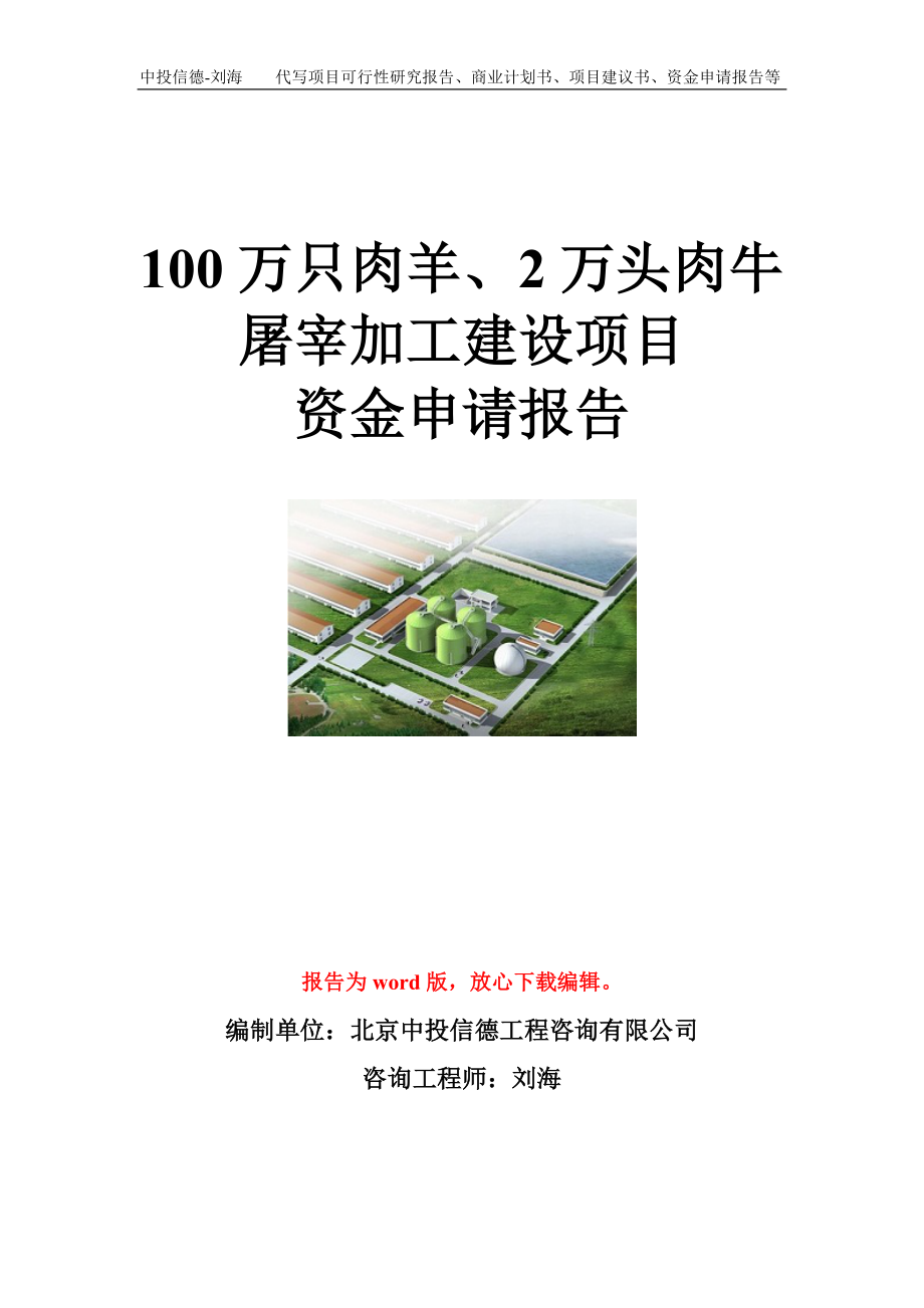 100万只肉羊、2万头肉牛屠宰加工建设项目资金申请报告模板.doc_第1页