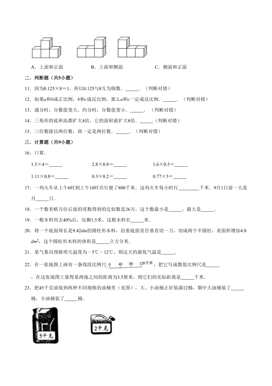 苏教版六年级数学小升初测试题及答案解析.doc_第2页