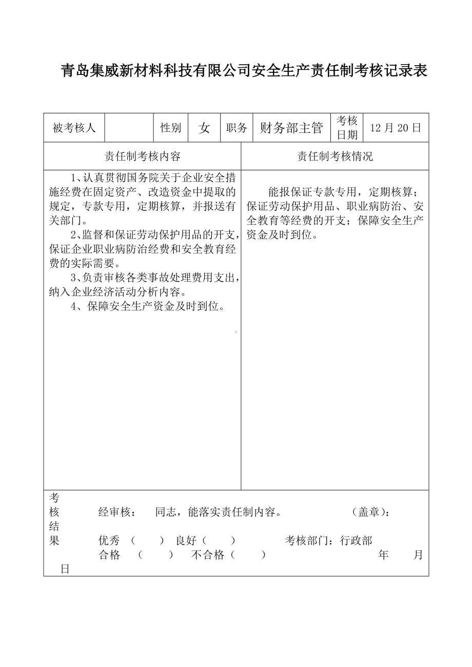 安全生产责任制考核记录表(财务部主管)参考模板范本.doc_第1页