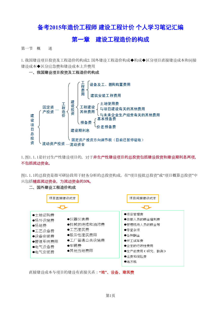 备考造价工程师-建设工程计价-个人学习笔记汇编(DOC 78页).doc_第1页