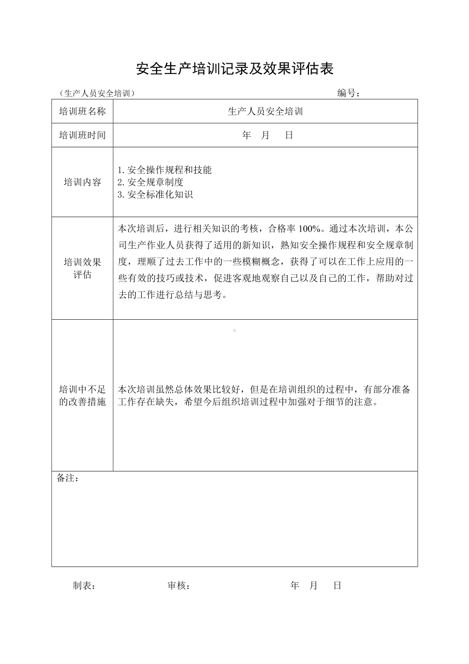 安全培训记录效果评估表（生产人员）参考模板范本.doc_第1页