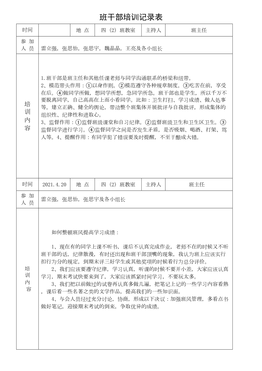 小学班干部培训记录表完整优秀版(DOC 13页).doc_第2页