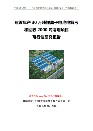 建设年产30万吨锂离子电池电解液和回收2000吨溶剂项目可行性研究报告写作模板立项备案文件.doc