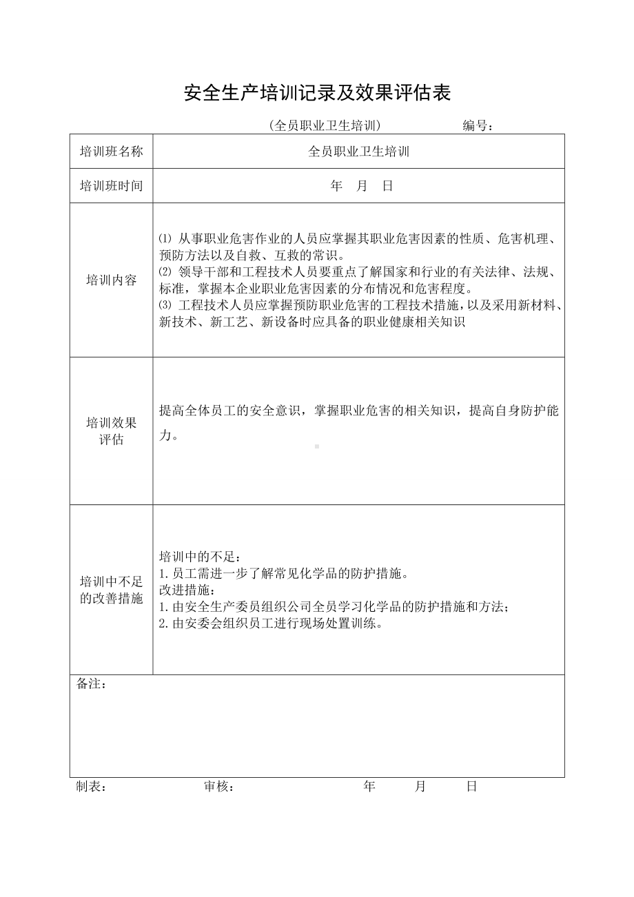 安全培训记录效果评估表（全员职业卫生培训）参考模板范本.doc_第1页