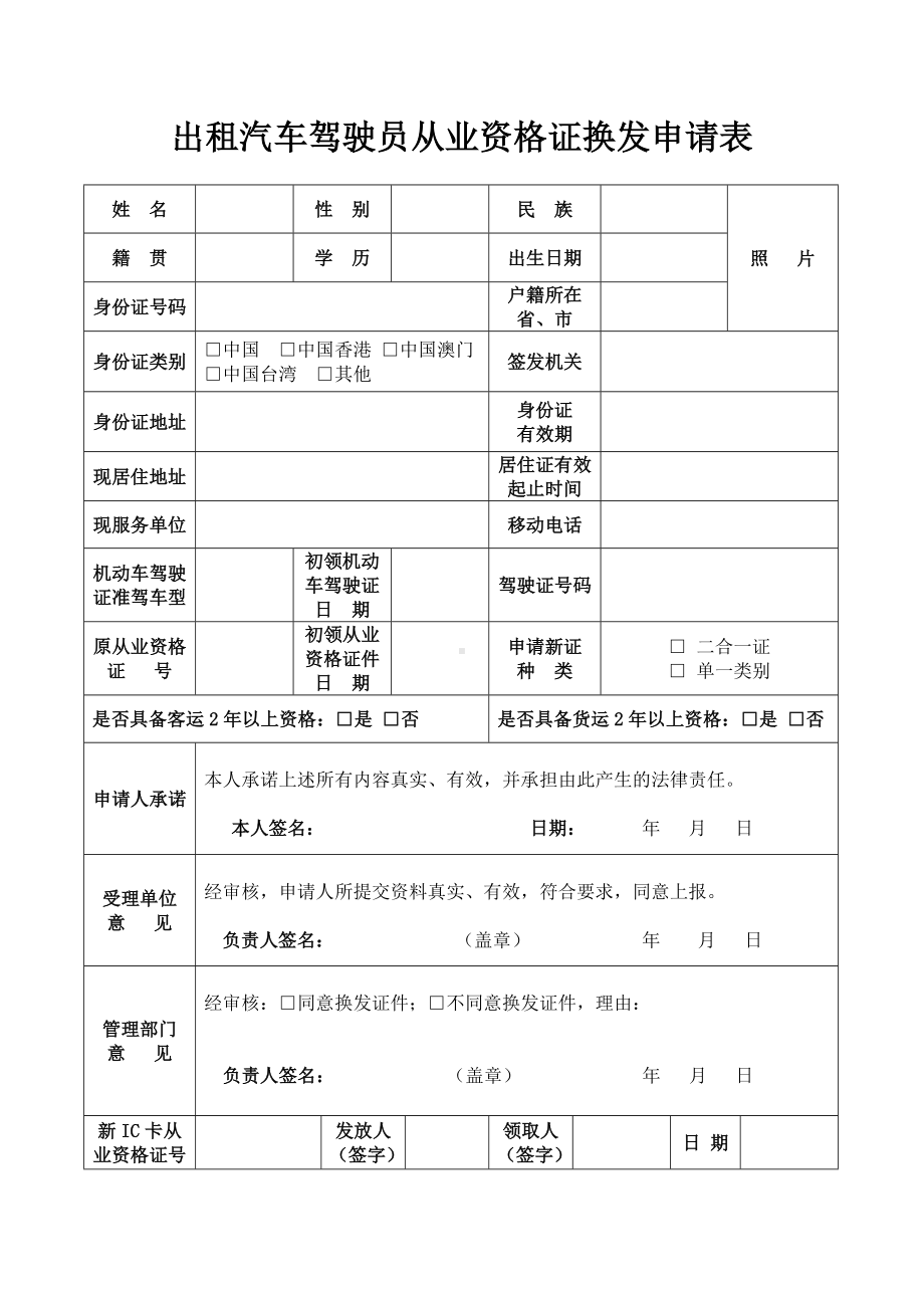 出租汽车驾驶员从业资格证换发申请表参考模板范本.doc_第1页