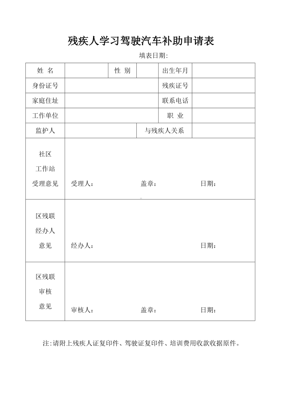 残疾人学习驾驶汽车补助申请表参考模板范本.doc_第1页