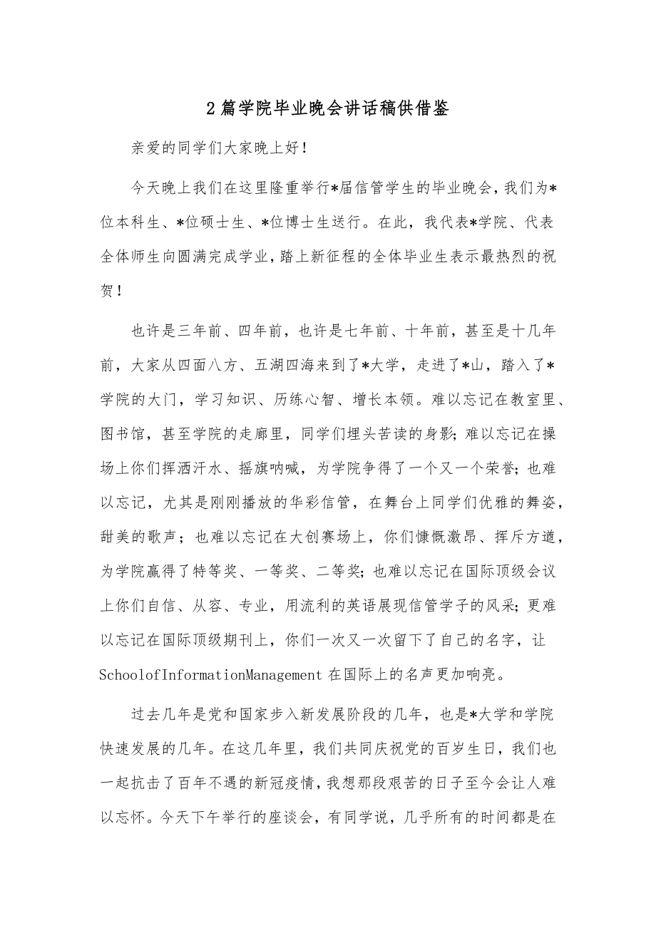 2篇学院毕业晚会讲话稿供借鉴.docx_第1页